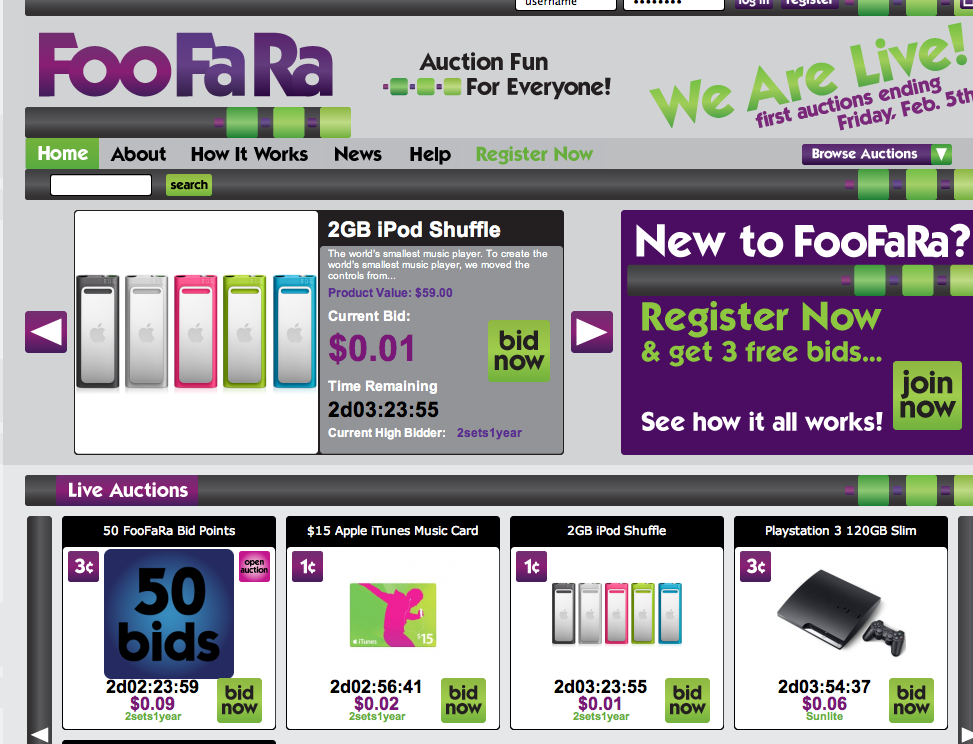 FooFara penny auction screenshot