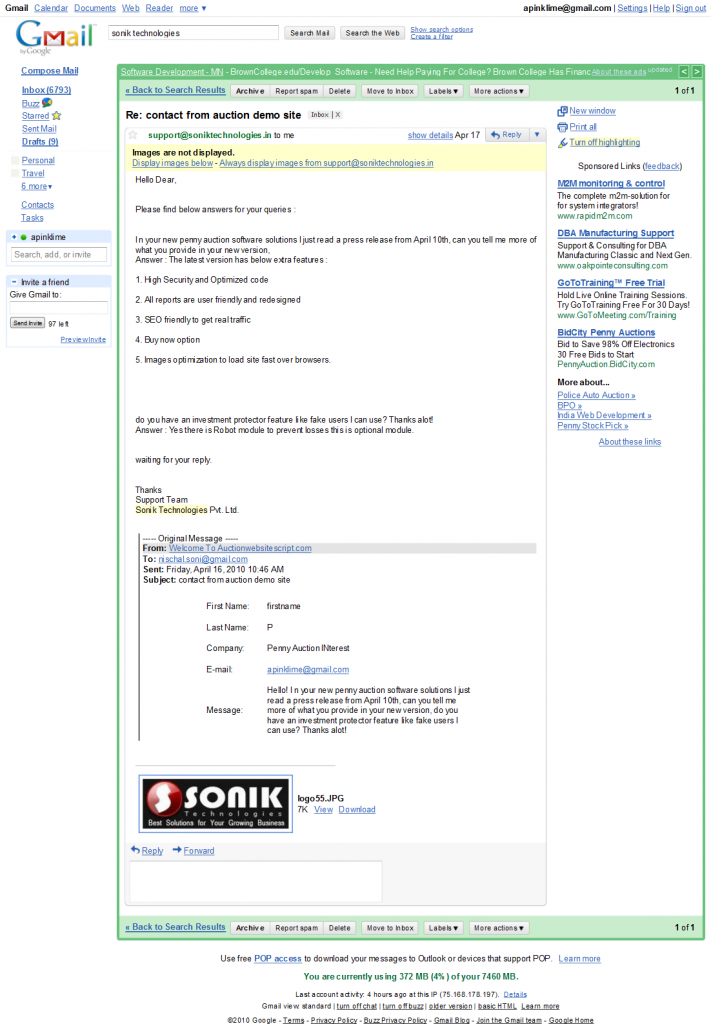 AuctionWebsiteScript Sonik Technologies Bot E-mail