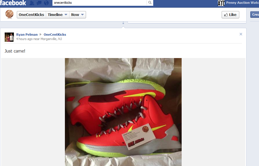facebook image item received sneaker onecentkicks.com penny auction